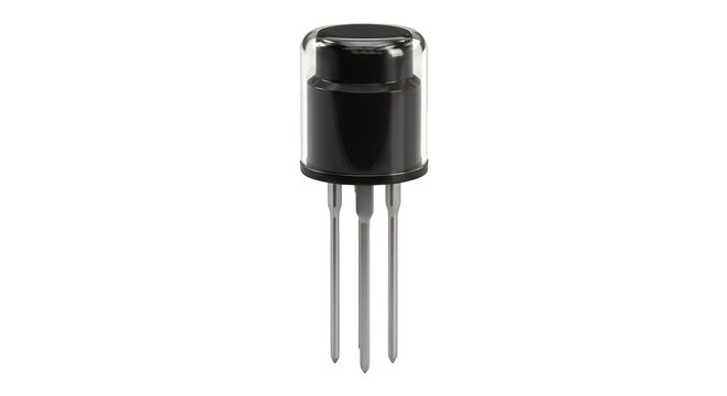 Realistic black electronic transistor in TO-18 metal can package with three pins, semiconductor component or sensor isolated on transparent background

