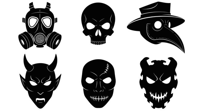 Dark Fantasy  Horror Masks Glyphs Set: Skull, Devil, Plague Doctor, Gas Mask Icons