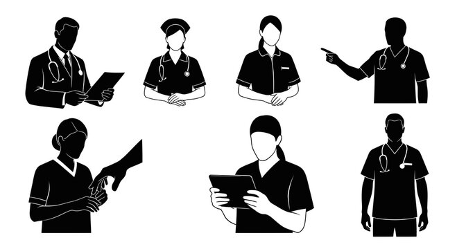 Healthcare Professionals Glyphs: Doctors  Nurses Black  White Silhouette Set