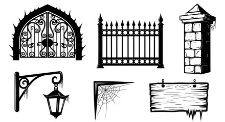 Fototapeta premium Black White Gothic Halloween Elements Vector Set: Spooky Gate, Fence, Lantern, Sign Spiderweb