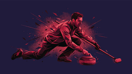 Male curler sweeping ice with broom and stone in dynamic red and blue illustration