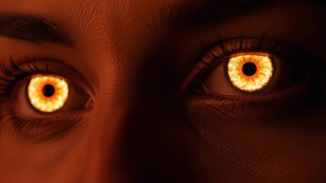 Human eyes with fiery glowing pupils in dim light setting  
