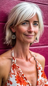 A woman with short hair and a floral dress is smiling. She is wearing earrings and has a blue eye