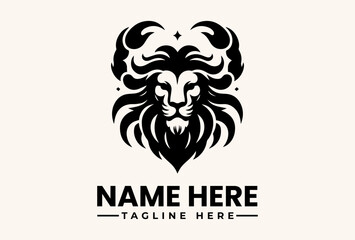 Fototapeta premium Black and white vector illustration of a stylized lion's head logo with a placeholder text on a beige background.