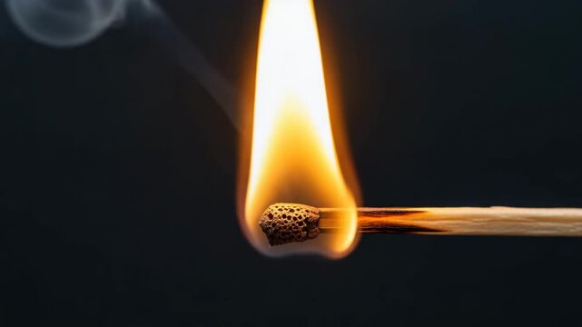 Matchstick ignited with flame creating smoke on dark background  
