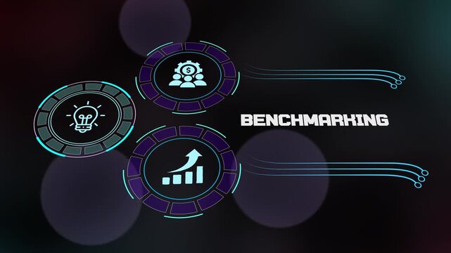 Corporate benchmark performance standards displayed on a digital futuristic interface with glowing icons for growth, team collaboration and innovation