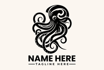 A black vector illustration of an octopus logo with swirling tentacles and placeholder text on a beige background. © vectorvovdesign
