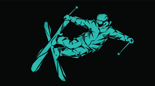 Skier performing freestyle jump trick with skis and poles in mid-air. Dynamic action shot of winter sport athlete in teal outline against black background.