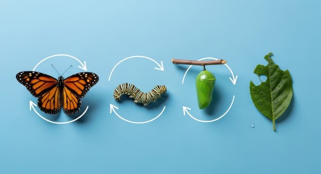 Monarch butterfly life cycle illustration on a light blue background with white arrows
