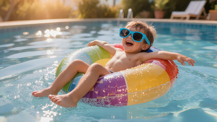 Fototapeta premium Laughing little boy in sunglasses relaxing on colorful inflatable ring in swimming pool on sunny summer day