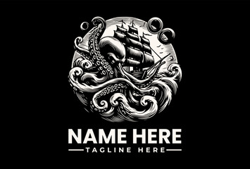 A grayscale illustration of a ship with an octopus on a circular logo with waves, against a black background with space for a name and tagline. © vectorvovdesign