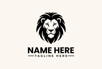 Obraz premium A stylized black and white illustration of a lion's head with a mane, accompanied by text placeholders for a name and tagline on a beige background, featuring a logo and vector graphic