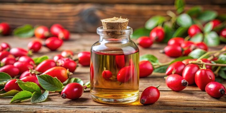 Rose hip seed oil in a glass bottle