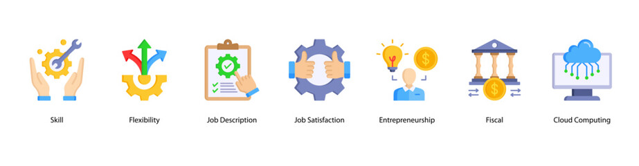 Job Flexibility web banner vector illustration featuring Skill, Flexibility, Job Description, Job Satisfaction, Entrepreneurship, Fiscal, and Cloud Computing.