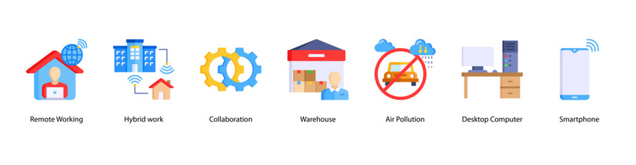 Hybrid Workplace web banner vector illustration featuring Remote Working, Hybrid Work, Collaboration, Warehouse, Air Pollution, Desktop Computer, and Smartphone.