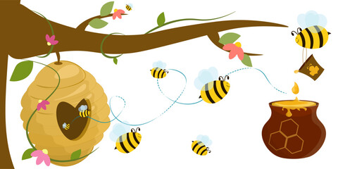 Charming narrative illustration of honey production process. Beehive hanging from a flowering branch, friendly bees flying along dotted path, and a bee carrying a bucket of honey toward a honey pot. © ArtValeriia