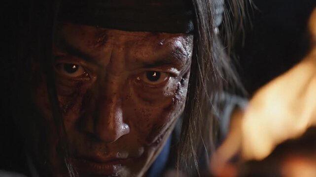Close-up portrait of a rugged samurai ronin with a battle-worn face and intense gaze against a dark background with warm, fiery tones.