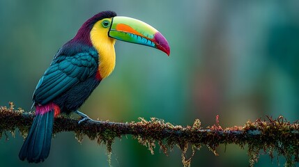 Fototapeta premium Vibrant Keel-billed Toucan perches on a mossy branch in a rainforest with a lush green bokeh background and focus on the colorful large beak.