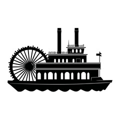 Naklejka premium Steamboat silhouette with paddle wheel on calm water background 