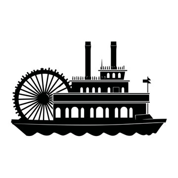 Steamboat silhouette with paddle wheel on calm water background  