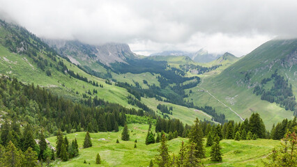Hiking trail round the Gastlosen mountain in the Swiss Alps. outdoor adventure, hiking destination in in Switzerland, alpine trees and mountains in background. Outdoor travel destination. Beautiful na
