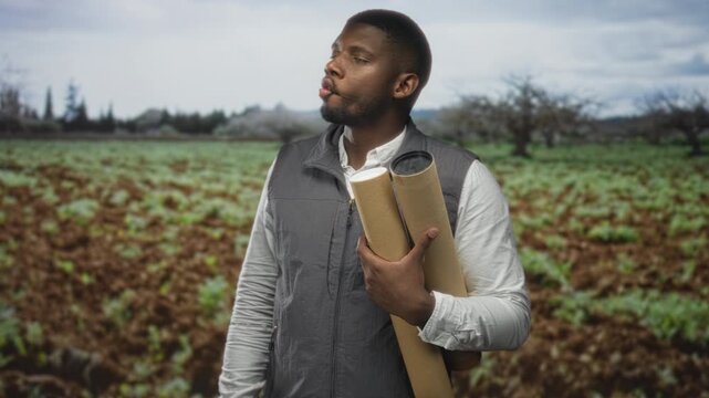 Man, young black architect in a gray vest and white shirt holding rolled blueprints and looking thoughtfully across a planted field; calm planning.