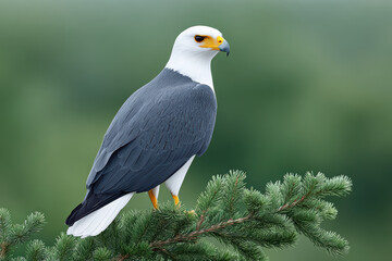 Alert predatory dark blue hawk white face yellow legs perched pine branch looking calm wildlife portrait nature outdoor green background scenery