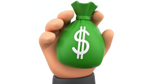 A playful 3D animation of a stylized hand firmly gripping and squeezing a green sack marked with a white dollar sign, symbolizing wealth, savings, and financial success.