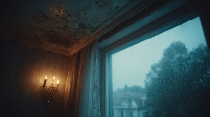 Fototapeta premium Dark moody room interior with wet window looking outside to rainy weather and old dirty ceiling corner with mold spots