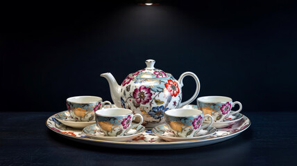 Fototapeta premium A high-quality product photograph of an elegant tea set against a pure black background
