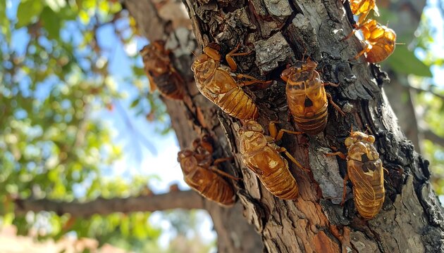 Emergence of cicada shells clinging to a tree trunk in a natural setting