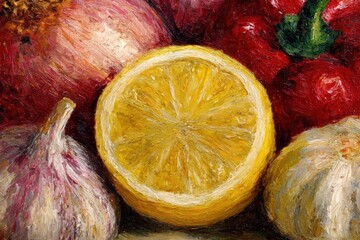 Still life painting with lemon, garlic, onion, and red bell pepper, showcasing textured brushstrokes and vibrant colors in a close-up view of fresh vegetables and fruit.