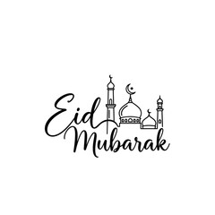 Naklejka premium Eid Mubarak Islamic Mosque Silhouette - Celebration Text and Mosques Design