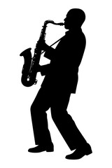 Dynamic black silhouette vector illustration of a jazz saxophonist playing music
