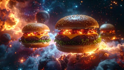 Glowing burgers float in a fiery nebula, surrounded by celestial bodies and smoke.