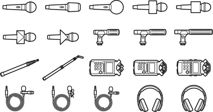 Illustrative collection of microphones, boom poles, audio recorders, and headphones.
