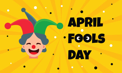 April Fools Day Cartoon Clown Face on Yellow Sunburst Background Vector Illustration