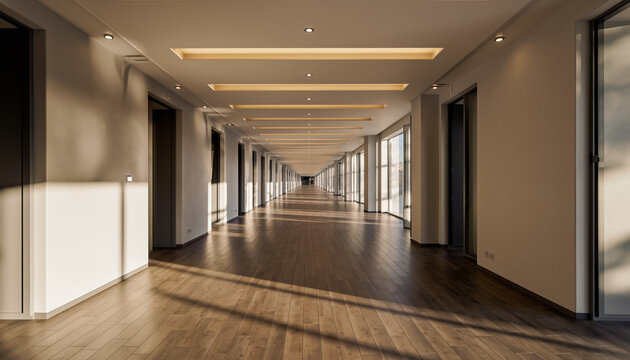 A long corridor with wooden floors and symmetrical shadows