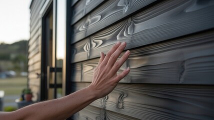 Person touching exterior wooden siding of modern house