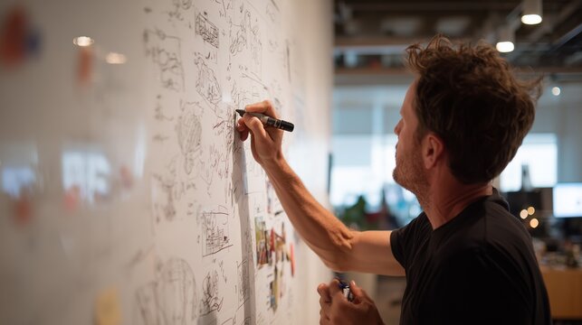Creative session in an office space with a person drawing on a wall in the afternoon
