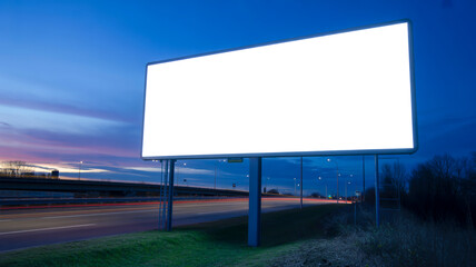 Obraz premium A large white blank billboard advertisement at dusk against a dark blue sky with purple and pink clouds