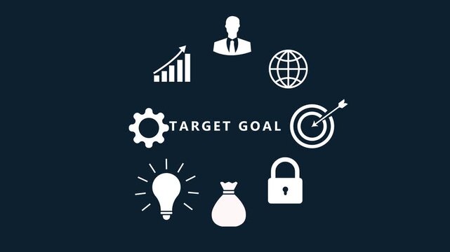 A circular arrangement of white business and finance on a dark navy blue background with the central text TARGETGOAL in white sans-serif font