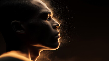 Obraz premium Human face profile dissolving into glowing golden dust particles on dark black background, dramatic mental health depression burnout identity loss and transformation concept.