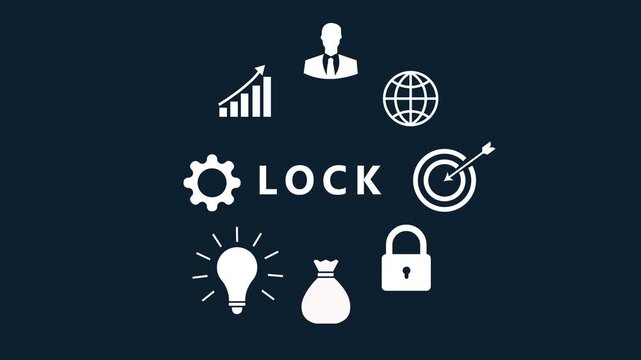 Business concept with central word LOCK surrounded by white representing global business growth security financial success and innovation on a dark blue background