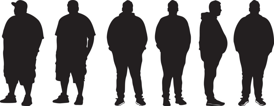 Overweight Man Different Views Silhouette Vector Set