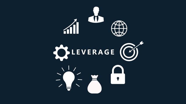 A circular arrangement of white business surrounds the word LEVERAGE in the center on a dark blue background illustrating strategic business advantage Keywords: leverage business strategy