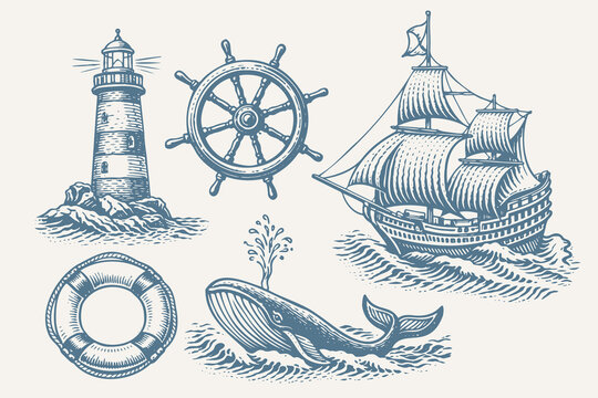 Vintage nautical engraving set with ship and lighthouse vector