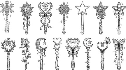Collection of decorative magic wands with moon star heart and butterfly motifs in line art style for fantasy coloring books © Mst