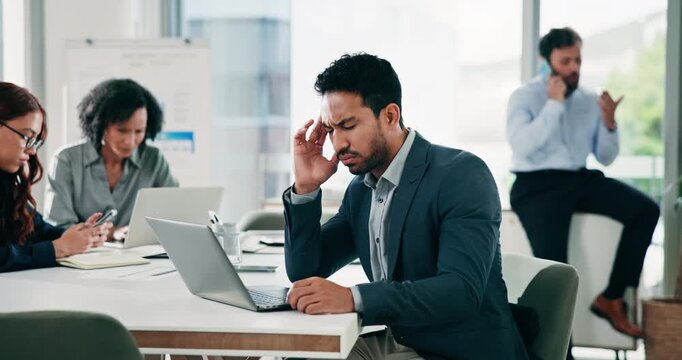 Finance, fatigue or man in agency with headache, brain fog or audit mistake on budget report. Migraine, coworking or analyst in workplace with tech, burnout or bookkeeping error in cost review.