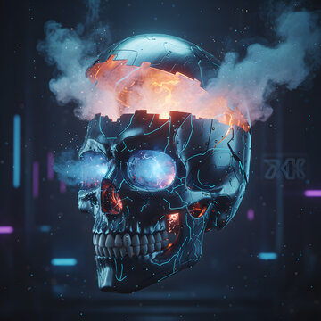 A cinematic 3D illustration of a robotic human skull with its cranium open, emitting white steam or smoke. The skull is integrated into a detailed mechanical cyborg body. Featuring glowing blue electr